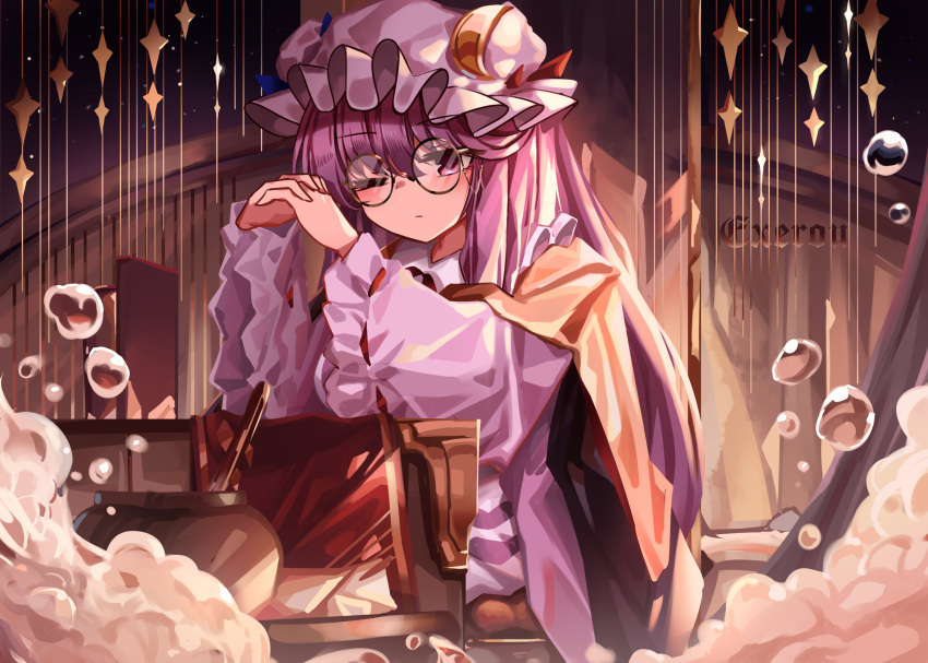 1girl absurdres artist_name bespectacled blue_ribbon bubble cauldron check_commentary commentary_request crescent crescent_hat_ornament desk expressionless foam glasses gradient_background hat hat_ornament hat_ribbon highres long_hair looking_at_viewer mob_cap one_eye_closed own_hands_together patchouli_knowledge purple_hair red_ribbon ribbon robe round_eyewear solo top-exerou touhou very_long_hair violet_eyes watermark wide_sleeves