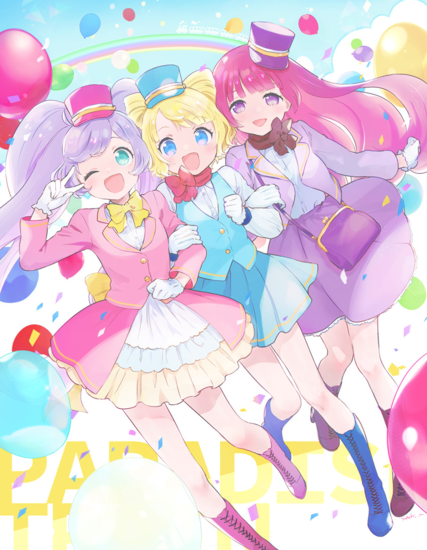 3girls :d ;d ahoge bag balloon blonde_hair blue_eyes blue_footwear blue_headwear blunt_bangs blush boots bow breasts brown_scarf cone_hair_bun double_bun gloves green_eyes hair_bun handbag highres hojo_sophy idol_clothes jacket knee_boots layered_skirt locked_arms long_hair long_sleeves looking_at_viewer machico_maki manaka_laala minami_mirei multiple_girls one_eye_closed open_mouth pink_footwear pink_hair pink_headwear pink_jacket pink_skirt pleated_skirt pretty_series pripara purple_bag purple_hair purple_headwear purple_jacket purple_skirt rainbow red_scarf scarf shirt short_hair skirt small_breasts smile standing twintails v_over_eye very_long_hair violet_eyes white_gloves white_shirt yellow_bow