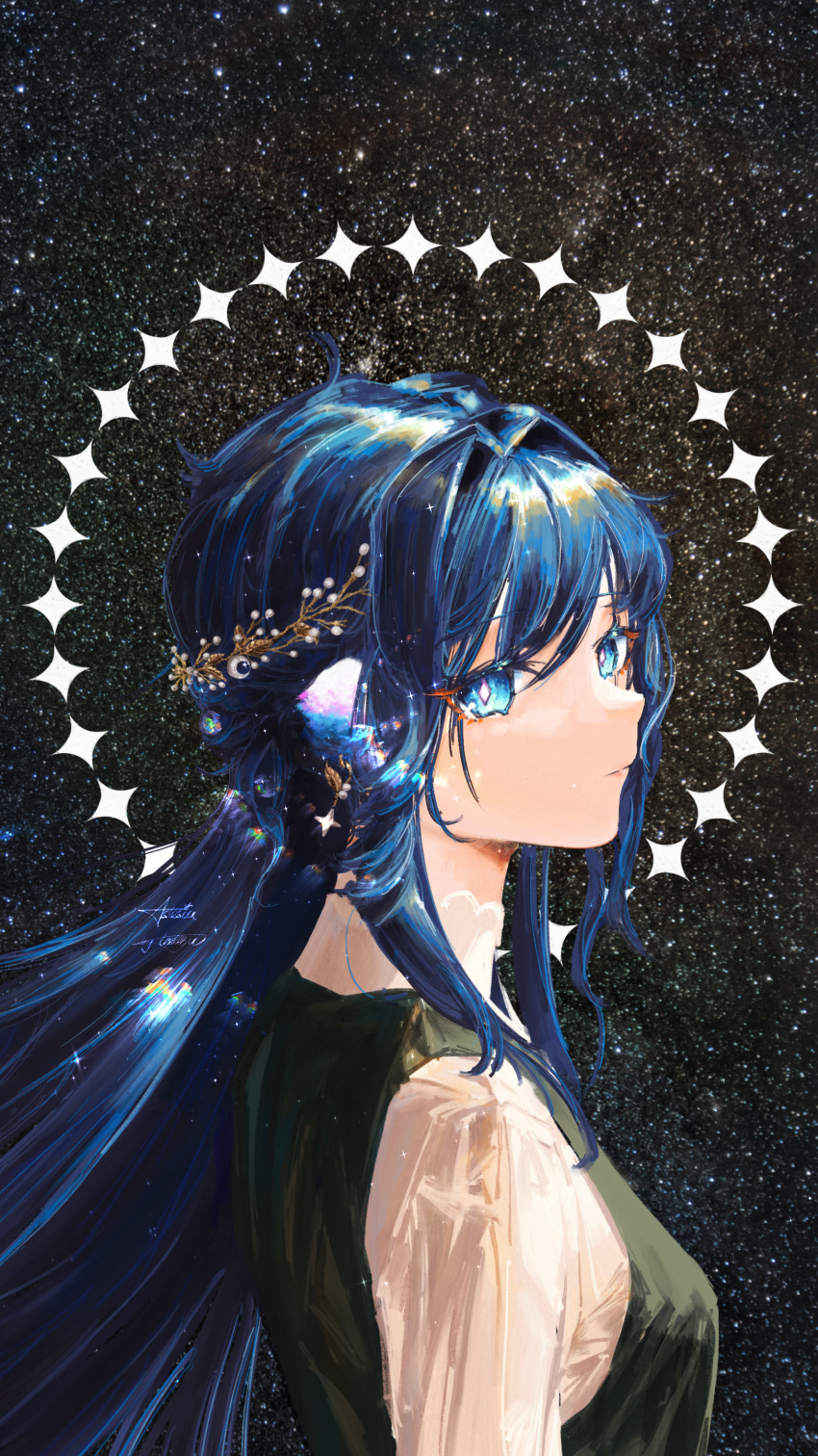 1girl absurdres animal_ears arknights astesia_(arknights) bird_ears blue_eyes blue_hair bright_pupils from_side hair_ornament highres immeasurable long_hair looking_at_viewer portrait shirt sky solo star_(sky) star_(symbol) starry_sky turning_head white_pupils white_shirt