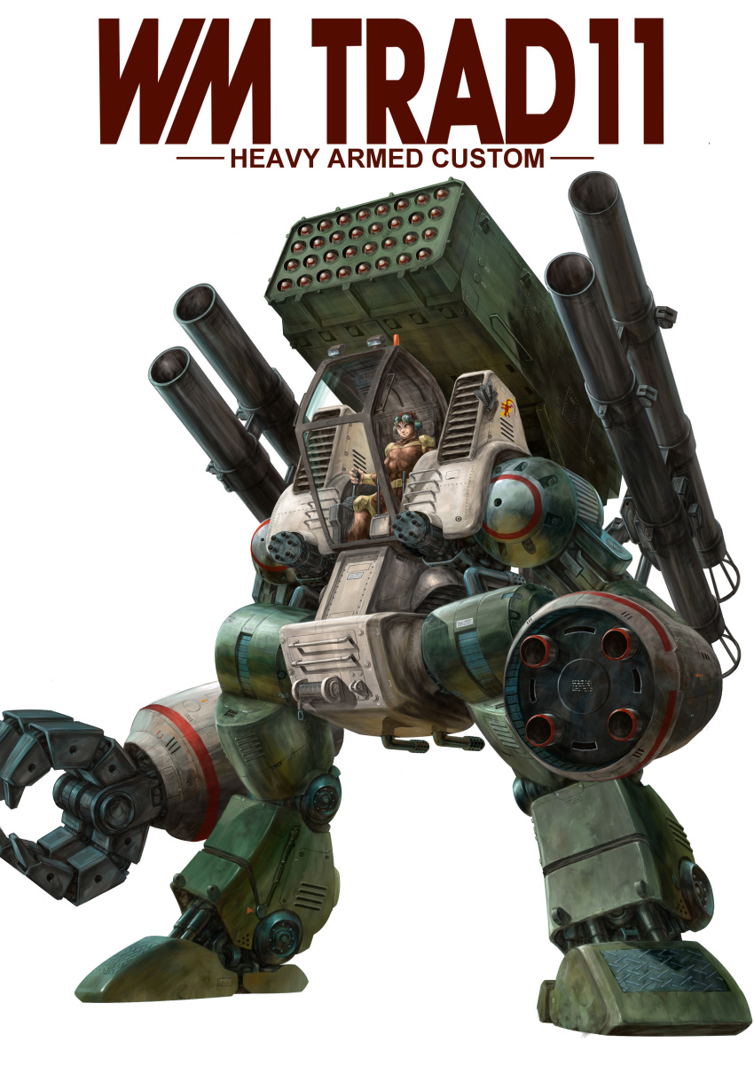 1boy absurdres arm_cannon bodysuit character_name claws commentary_request damaged derivative_work dirty english_text goggles headgear highres jiron_amos machinery mecha missile_pod realistic robot rocket_launcher science_fiction sentou_mecha_xabungle trad_11_type uniform weapon white_background zandan_zero_to_na!?