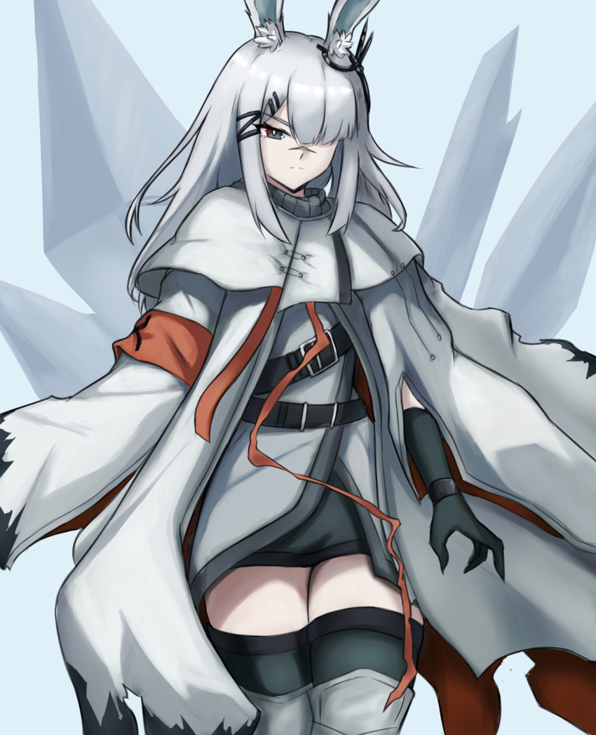 1girl animal_ear_fluff animal_ears arknights black_gloves black_skirt black_thighhighs boots coat dress english_commentary fangs_(fangs_art) frostnova_(arknights) frown gloves grey_eyes grey_hair hair_ornament hair_over_one_eye hairclip highres knee_boots long_hair rabbit_ears rabbit_girl scar scar_on_face scar_on_nose skirt solo thigh-highs white_coat white_dress white_footwear zettai_ryouiki