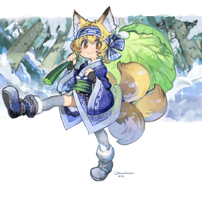 animal_ear_fluff animal_ears black_gloves blonde_hair blue_footwear blue_headband boots brown_eyes closed_mouth commentary_request fingerless_gloves fox_ears fox_girl fox_tail full_body gloves grey_thighhighs hair_between_eyes hair_intakes headband highres holding holding_leaf indie_virtual_youtuber kamiya_ris kitsune konno_takashi leaf leaf_umbrella long_sleeves looking_at_viewer shoe_soles short_eyebrows smile snow tail thick_eyebrows thigh-highs thighhighs_under_boots virtual_youtuber walking wide_sleeves