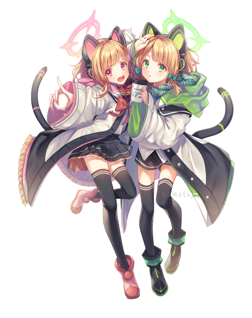 2girls amatsuji animal_ear_headphones animal_ears black_footwear black_thighhighs blonde_hair blue_archive boots cat_tail coffee_cup cup disposable_cup fake_animal_ears full_body green_eyes green_halo halo headphones highres holding holding_cup jacket midori_(blue_archive) momoi_(blue_archive) multiple_girls open_clothes open_jacket pink_footwear pink_halo red_eyes short_hair siblings sisters tail thigh-highs twins white_jacket