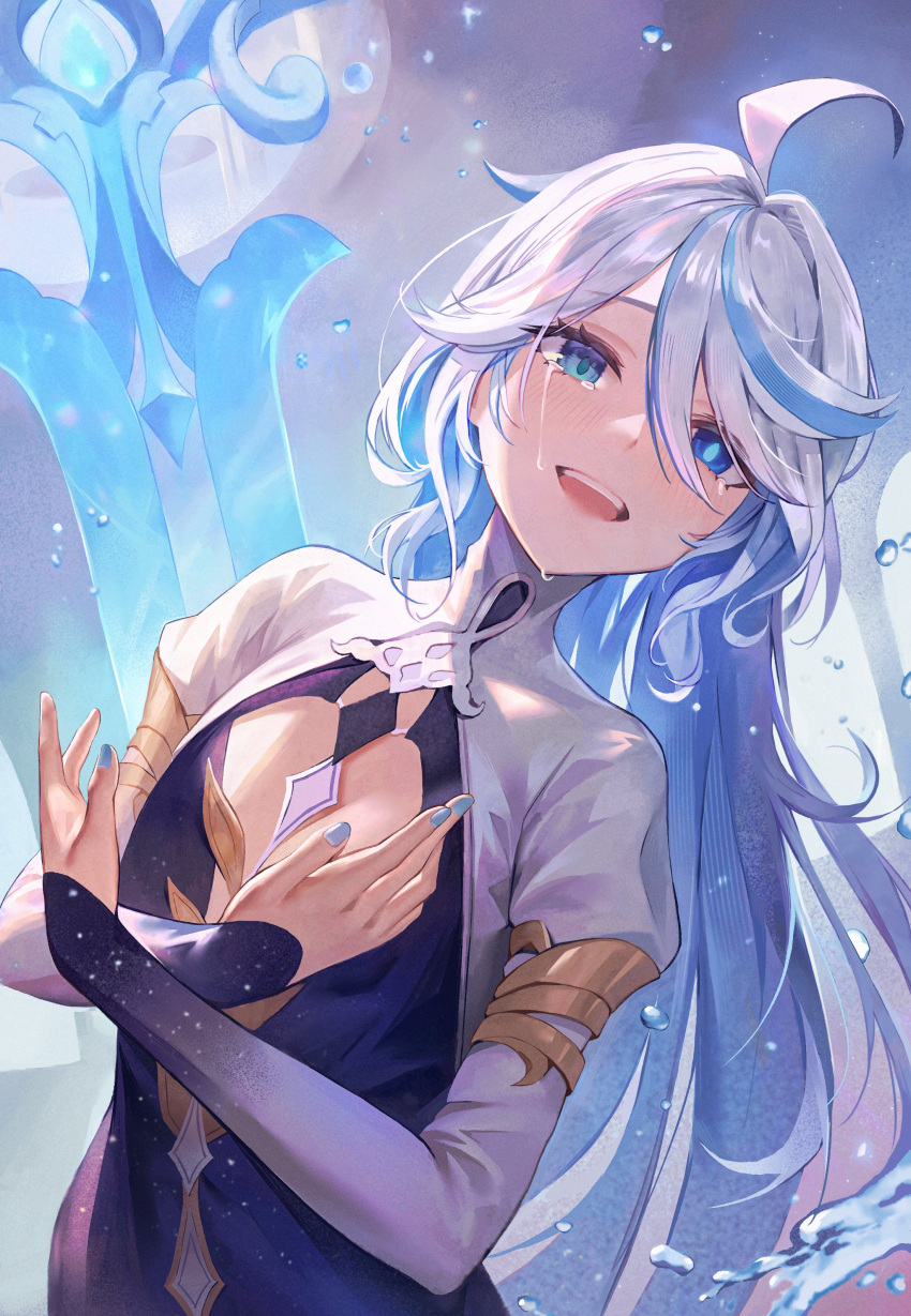 1girl absurdres ahoge blue_eyes blue_hair blue_nails blush crying crying_with_eyes_open fingernails focalors_(genshin_impact) genshin_impact hair_between_eyes heterochromia highres ikkia light_blue_hair long_hair looking_ahead multicolored_hair nail_polish open_mouth sidelocks solo streaked_hair sword teardrop tears teeth two-tone_hair upper_body upper_teeth_only water weapon