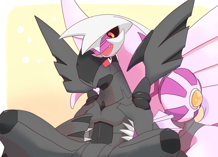 :d black_sclera claws colored_sclera fangs highres hug hug_from_behind no_humans nohohonrinrin palkia pokemon pokemon_(creature) red_sclera shoulder_pads smile wings yellow_background zekrom