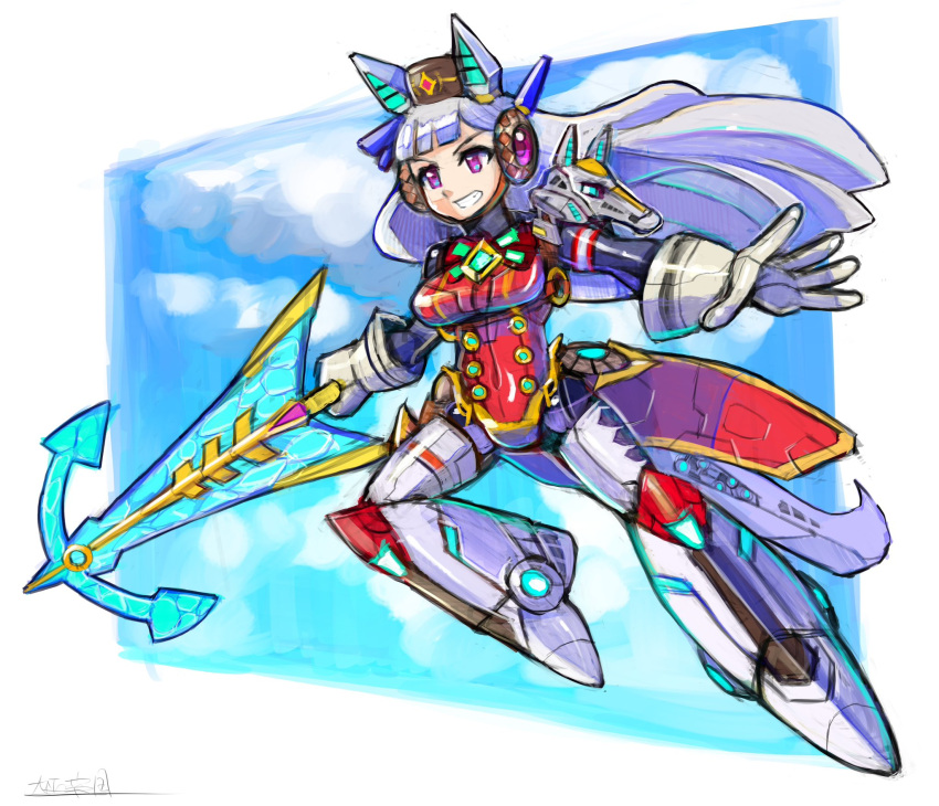 animal_ears bodysuit brown_headwear clouds cloudy_sky ear_covers gloves gold_ship_(umamusume) grin highres holding holding_weapon horse_ears horse_girl jumping long_hair mecha_musume mechanical_parts mechanical_tail oomasa_teikoku pillbox_hat sky smile tail teeth umamusume violet_eyes weapon white_hair