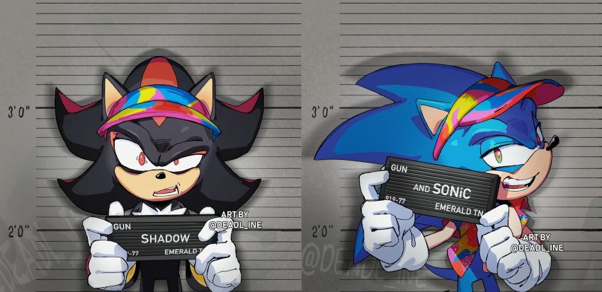 2boys artist_name barbie_(franchise) barbie_(live_action) barbie_mugshot_(meme) character_name deadl_ine english_text furry furry_male gloves green_eyes highres looking_at_viewer meme mugshot multiple_boys open_mouth rainbow_headwear red_eyes shadow_the_hedgehog sonic_(series) sonic_the_hedgehog teeth visor_cap watermark white_gloves