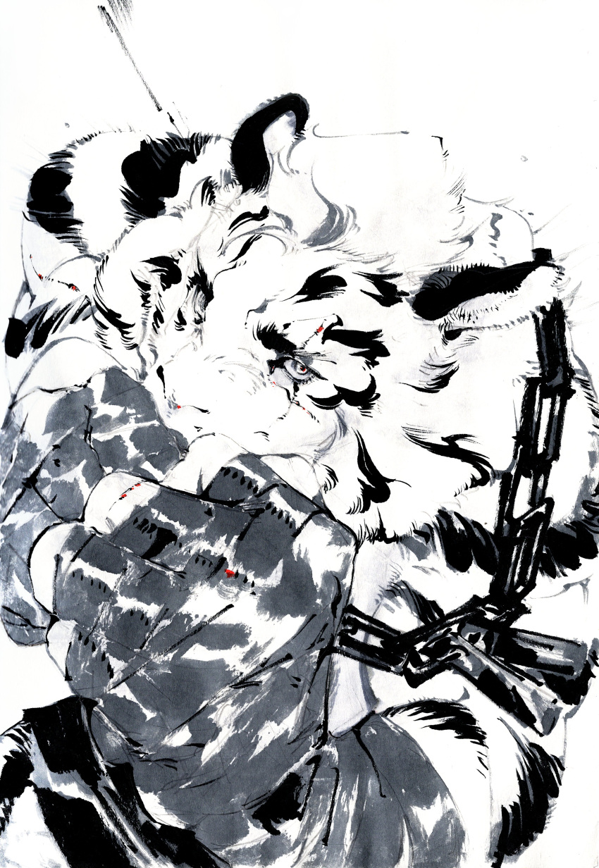 1boy 7216kun absurdres animal_ears arknights bandaged_hand bandages boxing chain clenched_hands english_commentary furry furry_male greyscale highres looking_at_viewer male_focus monochrome mountain_(arknights) multiple_scars scar scar_across_eye scar_on_face tiger_boy tiger_ears tiger_stripes white_background