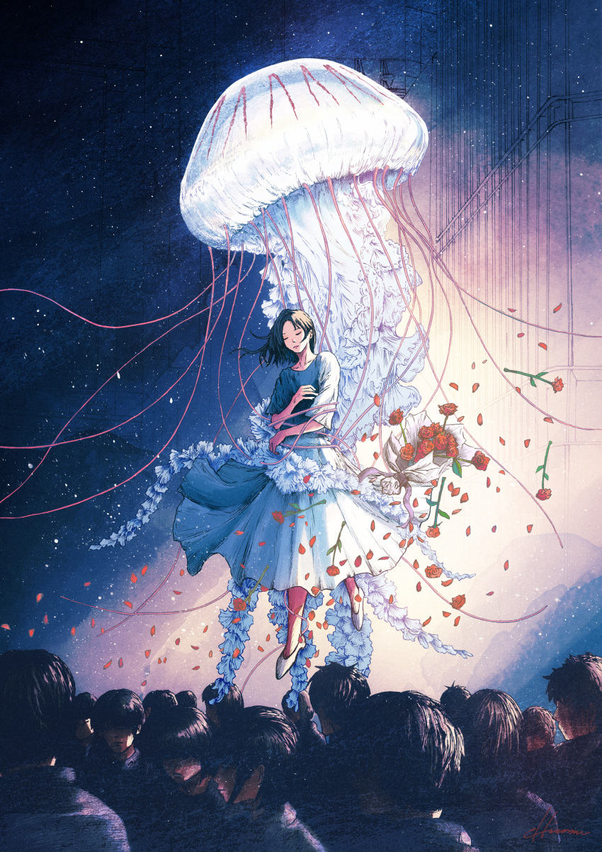 1girl absurdres black_hair bouquet building closed_eyes commentary crowd dress faceless falling_petals floating flower highres hiromumaru jellyfish light_particles medium_hair original petals red_flower red_rose rose signature solo_focus tentacles white_dress white_footwear
