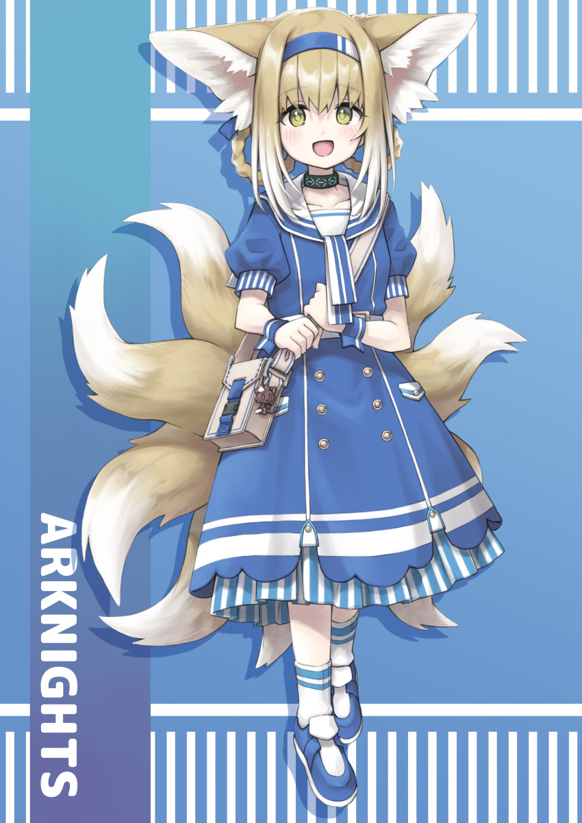 1girl :d absurdres alternate_costume animal_ears arknights bag blonde_hair blue_dress blue_footwear blue_hairband blush braid braided_hair_rings collarbone colored_tips commentary_request dress fox_ears fox_girl fox_tail full_body green_eyes hair_rings hairband highres holding_strap infection_monitor_(arknights) kitsune kyuubi lawson medium_dress multicolored_hair multiple_tails open_mouth puffy_short_sleeves puffy_sleeves semi_colon short_sleeves shoulder_bag smile socks solo suzuran_(arknights) tail twin_braids two-tone_hair white_hair white_socks