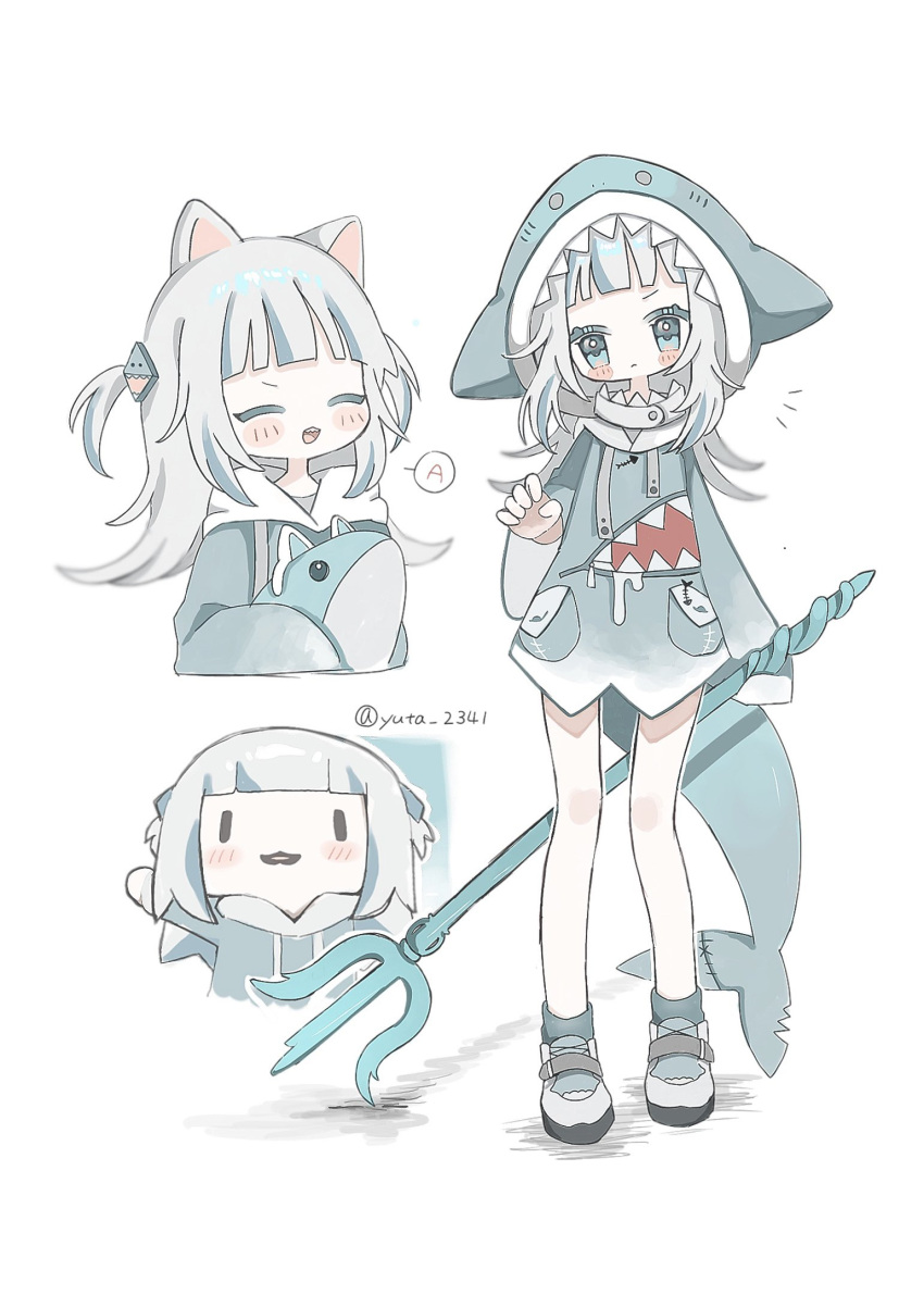 1girl a_(phrase) animal_costume animal_ears animal_hood blue_eyes blue_hair blue_hoodie blunt_bangs blush_stickers cat_ears closed_eyes commentary fake_animal_ears fins fish_tail frown full_body gawr_gura gawr_gura_(1st_costume) hair_ornament highres holding holding_trident hololive hololive_english hood hood_down hood_up hoodie long_sleeves looking_at_viewer multicolored_hair multiple_views no_pants open_mouth shark_costume shark_girl shark_hair_ornament shark_hood shark_tail sharp_teeth shoes simple_background smile smol_gura speech_bubble standing streaked_hair symbol-only_commentary tail teeth two_side_up upper_body virtual_youtuber white_background white_hair yuta_2341