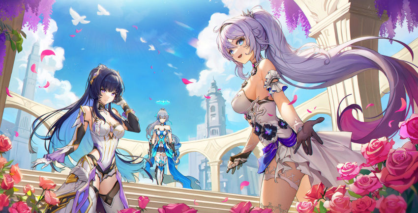 0zerofive012 3girls absurdres ahoge armor armored_dress armored_leotard bare_shoulders bird blue_eyes breasts bronya_zaychik bronya_zaychik_(herrscher_of_truth) closed_mouth day dress elbow_gauntlets feet_out_of_frame flower gloves grey_hair hair_between_eyes hair_ornament halo high_ponytail highres honkai_(series) honkai_impact_3rd kiana_kaslana kiana_kaslana_(herrscher_of_finality) large_breasts long_hair looking_at_viewer multiple_girls open_mouth outdoors outstretched_arm pink_flower pink_pupils pink_rose purple_hair raiden_mei raiden_mei_(herrscher_of_origin) red_flower red_rose rose smile very_long_hair white_armor