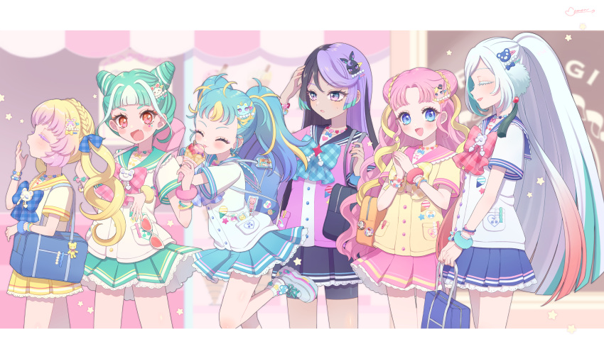6+girls :d absurdres ahoge bag bike_shorts bike_shorts_under_skirt black_bag black_hair black_skirt blonde_hair blue_bag blue_bow blue_eyes blue_hair blue_skirt blunt_bangs blunt_ends blush bow bracelet braid braided_bun cardigan carron_(waccha_primagi!) cat_hair_ornament character_hair_ornament chimumu closed_eyes collared_shirt commentary_request cone_hair_bun cowboy_shot crepe dark_skin double_bun fang food frilled_skirt frills gradient_hair green_hair green_sailor_collar green_skirt hair_bun hair_ornament hand_up hanitan highres holding holding_food jewelry letterboxed long_hair momokan_(mmkn100) multicolored_hair multiple_girls myamu nail_polish necklace open_mouth outdoors own_hands_together parted_bangs patano_(waccha_primagi) pink_bow pink_cardigan pink_hair pink_skirt plaid plaid_bow pleated_skirt ponytail pretty_(series) profile purple_hair rabbit_hair_ornament redhead ryuume_(waccha_primagi!) sailor_collar school_bag school_uniform serafuku shirt shoes short_hair short_sleeves shoulder_bag sidelocks skirt smile sneakers standing standing_on_one_leg streaked_hair tongue tongue_out twintails very_long_hair violet_eyes waccha_primagi! wavy_hair white_hair white_shirt yawning yellow_bag yellow_sailor_collar yellow_shirt yellow_skirt