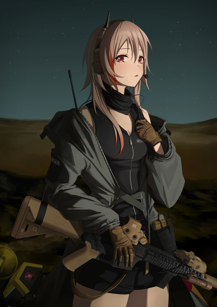 1girl absurdres alter_sang antennae black_shirt black_shorts blush breasts brown_gloves brown_hair cowboy_shot fang girls_frontline gloves grey_jacket gun hair_between_eyes headset highres holding holding_gun holding_weapon jacket long_sleeves looking_at_viewer m4_sopmod_ii_(girls'_frontline) multicolored_hair night off_shoulder open_clothes open_jacket outdoors parted_lips red_eyes redhead shirt shorts skin_fang sky sleeveless sleeveless_shirt small_breasts solo star_(sky) starry_sky streaked_hair weapon
