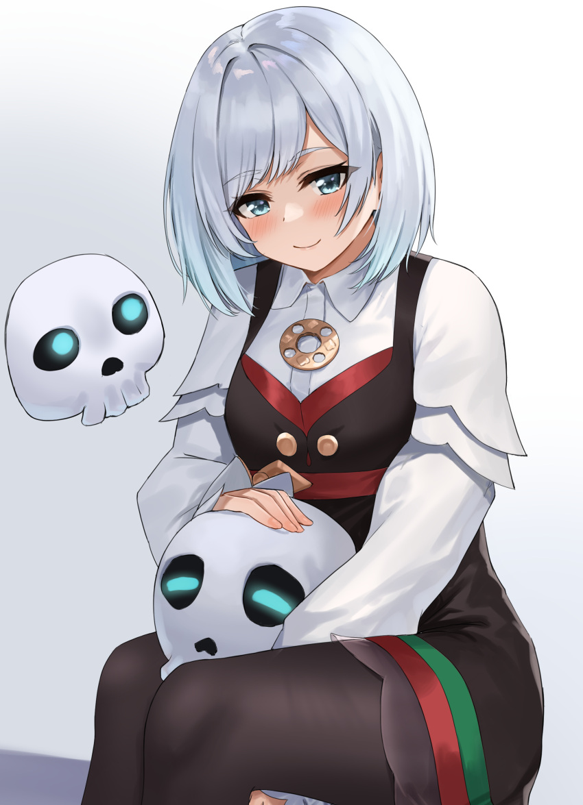 1girl absurdres akershus_fortress_(oshiro_project) ayul_(ayulneri_92) black_dress black_pantyhose blue_eyes bob_cut closed_mouth commission dress grey_hair highres oshiro_project oshiro_project_re pantyhose pixiv_commission shirt sitting skull smile thick_thighs thighs white_shirt