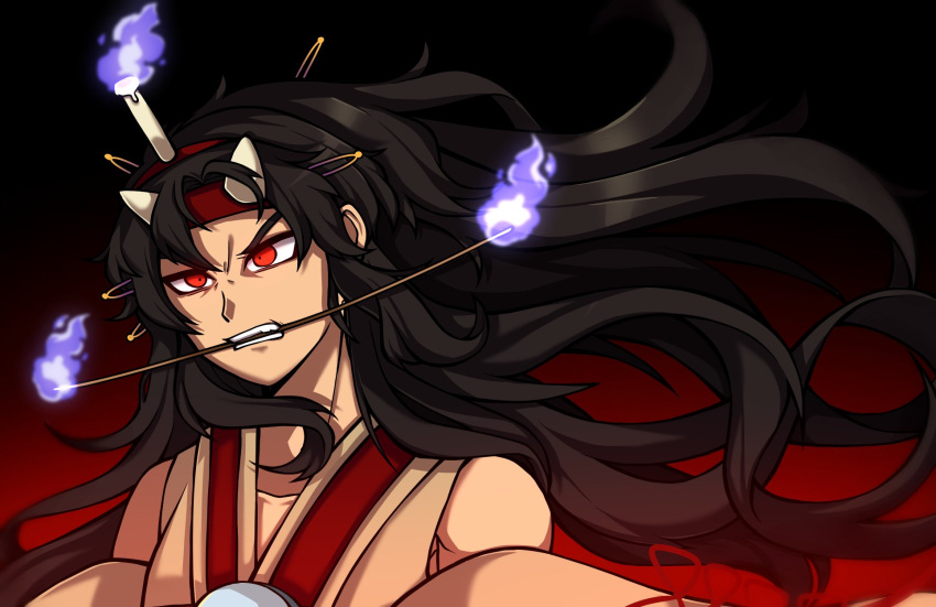 1jumangoku 1other androgynous angry bare_shoulders black_background black_hair blue_fire candle_on_head clenched_teeth collarbone commentary_request detached_sleeves fire gradient_background hair_lift hairband highres holding holding_stick japanese_clothes kimono len'en long_hair looking_ahead mouth_hold other_focus red_background red_eyes red_hairband red_ribbon ribbon sleeve_ribbon sleeveless sleeveless_kimono solo stick taira_no_chouki teeth thick_eyebrows two-tone_background upper_body v-shaped_eyebrows very_long_hair white_kimono white_sleeves