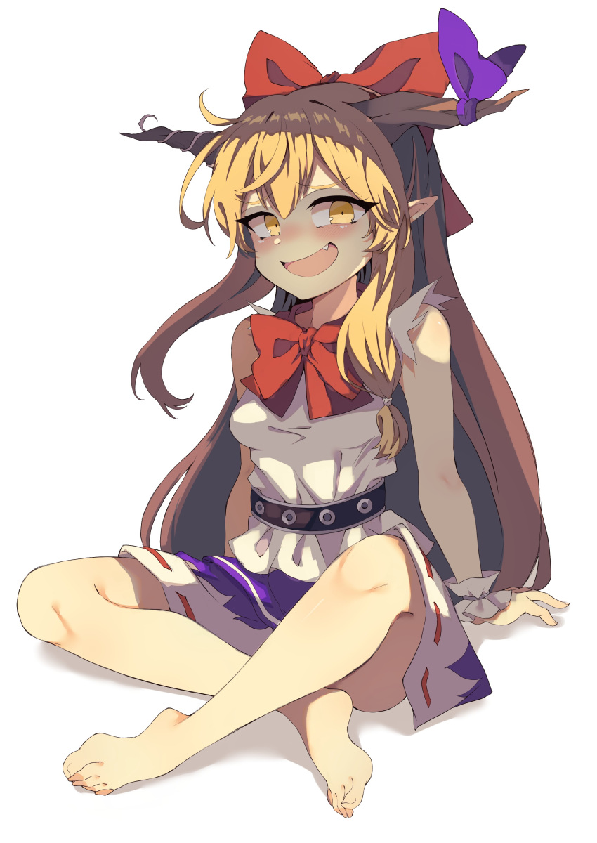 1girl absurdres arms_behind_back barefoot blonde_hair blush bow bowtie breasts brown_horns commentary_request fang full_body hair_bow highres horn_bow horn_ornament horns ibuki_suika indian_style long_hair looking_at_viewer medium_bangs open_mouth purple_bow purple_skirt red_bow red_bowtie ribbon-trimmed_skirt ribbon_trim seika_okawari shirt sidelocks simple_background sitting skirt sleeveless sleeveless_shirt small_breasts smile solo touhou very_long_hair white_background white_shirt wrist_cuffs yellow_eyes