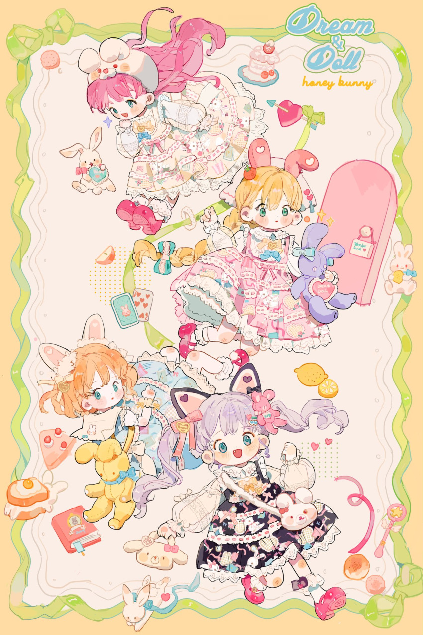 4girls animal_bag animal_ear_hood animal_ears animal_print apple apple_slice aqua_eyes arrow_through_heart back_bow backpack bag black_bow black_dress blonde_hair blue_bow blue_dress blue_eyes blush_stickers book bookmark border bow bow_legwear bow_print bowtie braid cake cake_slice card cat_ears child clenched_hand collared_shirt commentary cookie door dress dress_bow english_commentary english_text eyelashes fake_animal_ears fang floppy_ears food fried_egg frilled_dress frilled_shirt_collar frilled_sleeves frilled_socks frills from_behind fruit full_body green_bow green_eyes hair_bow hair_lift hair_ornament hairclip hand_on_own_chin heart heart_hair_ornament heart_print highres holding holding_bag holding_cookie holding_food holding_stuffed_toy lace-trimmed_bow lace_trim layered_sleeves leaning_forward lemon lemon_slice lolita_fashion long_hair long_sleeves looking_ahead looking_back mary_janes medium_dress multiple_girls open_mouth orange_hair original pink_bow pink_dress pink_footwear pink_hair playing_card puffy_long_sleeves puffy_short_sleeves puffy_sleeves purple_hair putong_xiao_gou rabbit rabbit_ears rabbit_hair_ornament rabbit_print ribbon-trimmed_dress see-through see-through_sleeve_layer shirt shoes short_hair short_sleeves shoulder_bag single_braid sleeves_past_wrists smile socks spaghetti_strap strawberry stuffed_animal stuffed_rabbit stuffed_toy toast twintails very_long_hair wand white_background white_bag white_bow white_hood white_shirt white_sleeves white_socks wrist_bow yellow_bag yellow_border yellow_bow yellow_bowtie yellow_bracelet yellow_dress