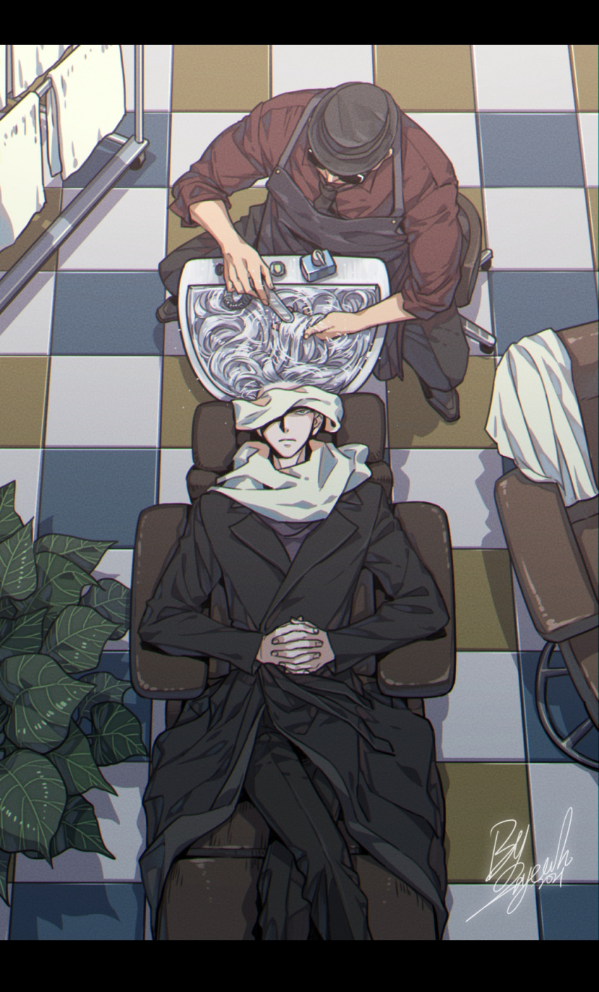 2boys apron armchair black_apron black_coat black_headwear black_necktie black_pants chair coat crossed_arms from_above gin_(meitantei_conan) hair_salon hat highres holding_another's_hair indoors letterboxed long_hair long_sleeves lying male_focus meitantei_conan multiple_boys necktie on_back on_chair one_eye_covered pants plant red_shirt scarf shampoo_bottle shirt shoes shower_head signature sink sitting sleeves_rolled_up sunglasses swivel_chair tile_floor tiles towel towel_on_head towel_rack very_long_hair vodka_(meitantei_conan) warlock1000 washing_hair white_hair white_scarf