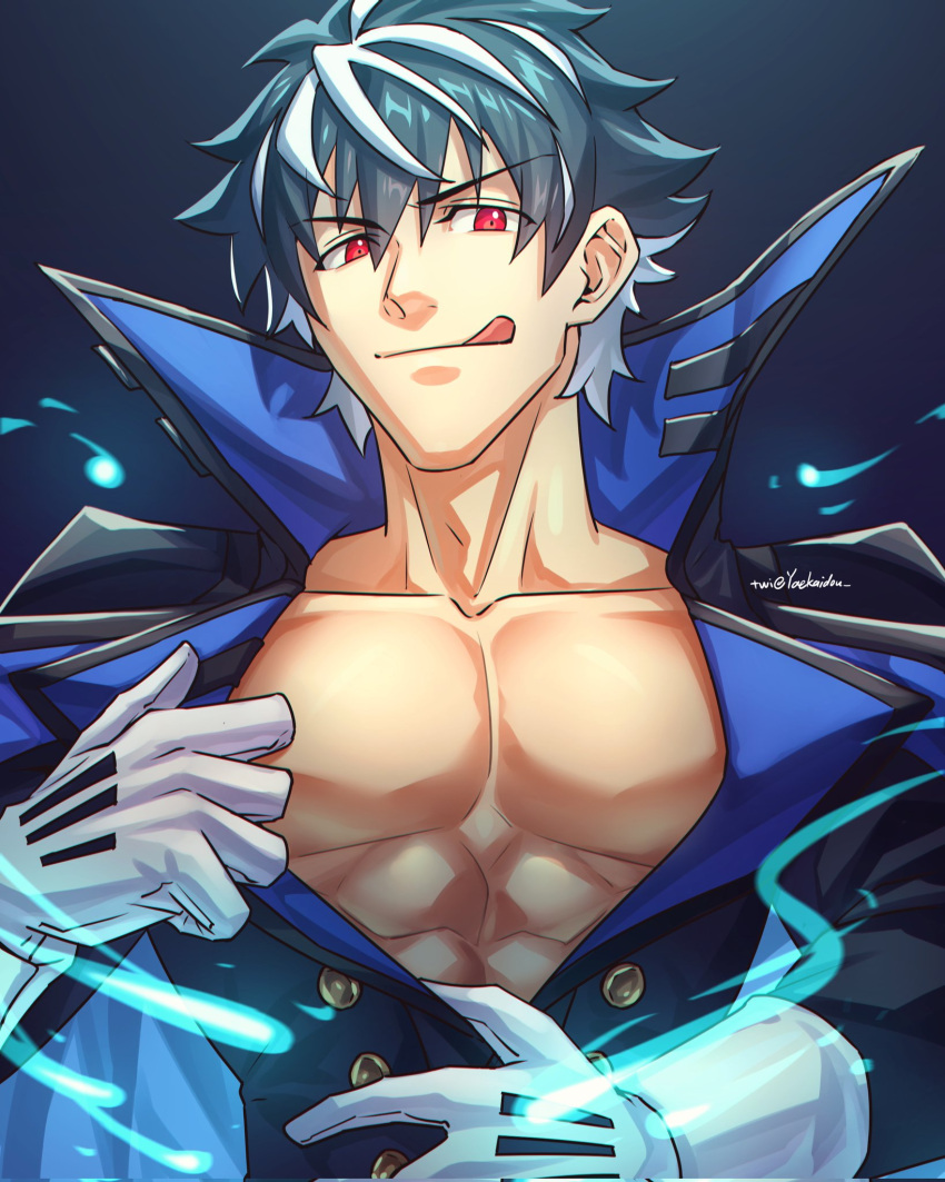 1boy abs bare_pectorals black_background blue_fire charlemagne_(fate) commentary_request fate/grand_order fate_(series) fire gloves high_collar highres looking_at_viewer male_focus multicolored_hair open_clothes open_shirt pectorals red_eyes seductive_smile smile streaked_hair tongue tongue_out twitter_username white_gloves yaekaidou