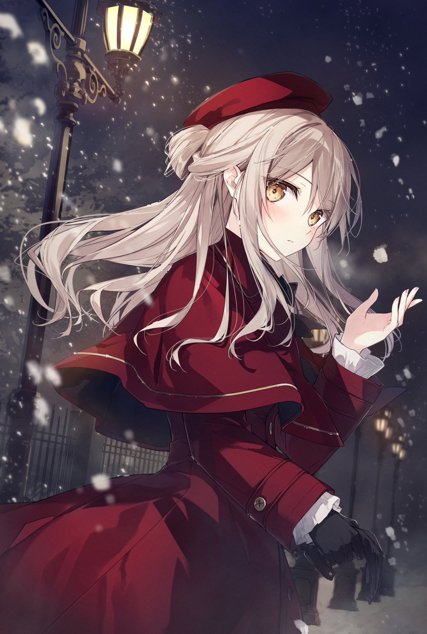 1girl black_bow black_bowtie black_gloves bow bowtie brown_hair capelet closed_mouth dress expressionless floating_hair gloves hair_between_eyes hand_up hat highres holding holding_clothes holding_gloves long_hair long_sleeves looking_at_viewer mochizuki_shiina night original outdoors red_capelet red_dress red_headwear sidelocks single_glove unworn_gloves winter_clothes yellow_eyes