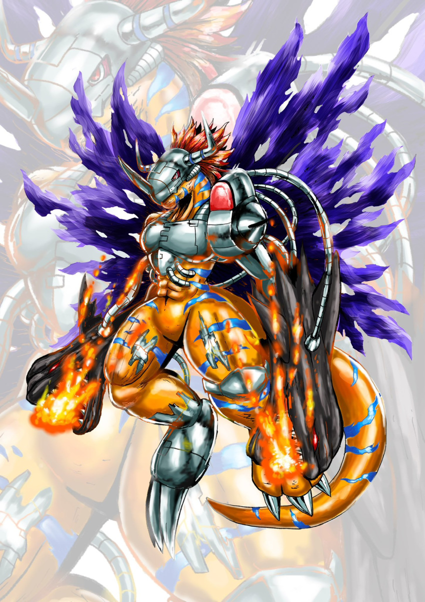 abs arm_cannon claws colored_skin digimon digimon_(creature) fire highres horns looking_at_viewer orange_hair orange_skin sawa_d solo torn_wings weapon wings