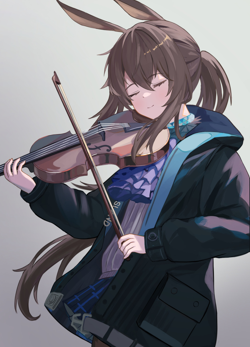 1girl absurdres amiya_(arknights) animal_ears arknights ascot black_jacket blue_ascot blue_skirt blush brown_hair closed_eyes cowboy_shot grey_background hair_between_eyes highres holding holding_bow_(music) holding_instrument holding_violin instrument jacket long_sleeves music open_clothes open_jacket plaid plaid_skirt playing_instrument pleated_skirt ponytail rabbit_ears rabbit_girl shirafune simple_background skirt smile solo violin