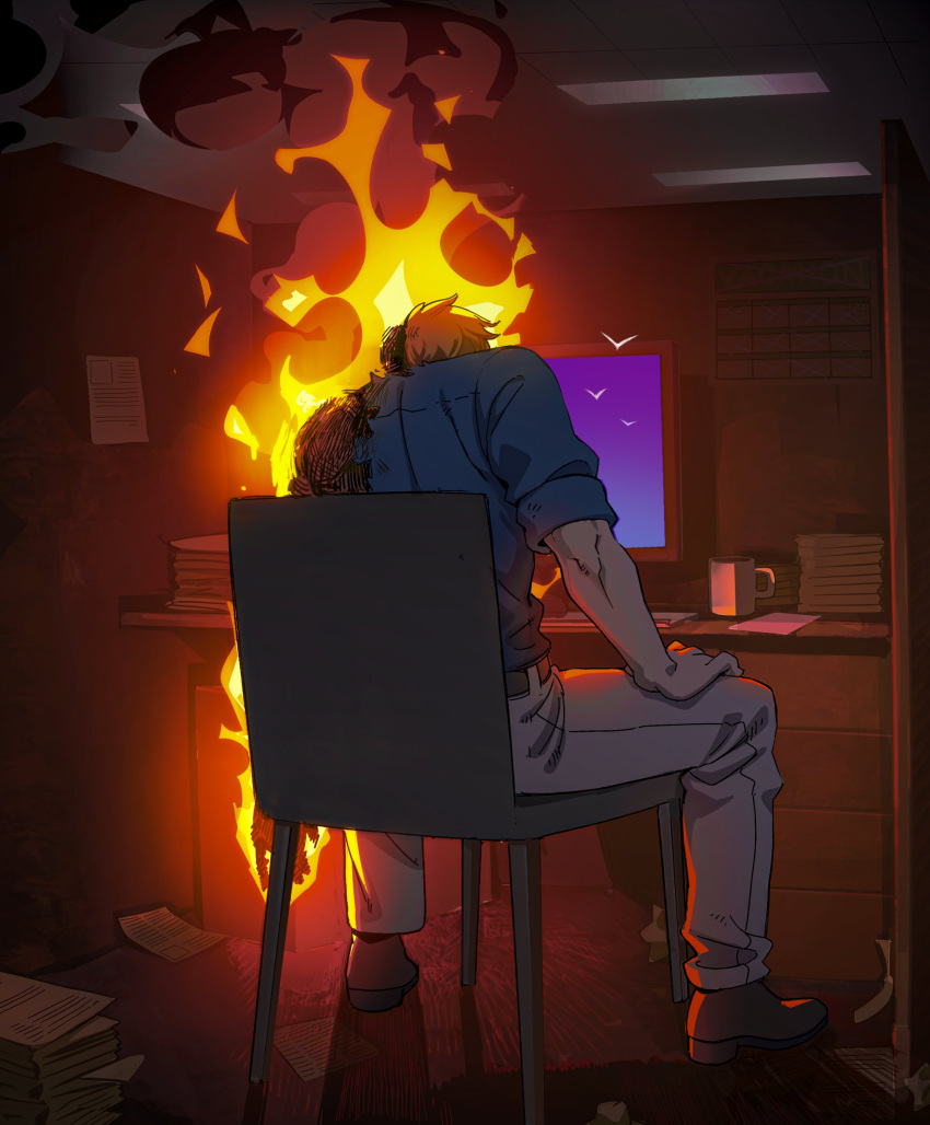 1boy absurdres aisendraw back bird blonde_hair burning chair computer cup english_commentary hands_on_own_knees highres jujutsu_kaisen loafers mug nanami_kento office pants paper shoes sitting sleeves_rolled_up smoke solo