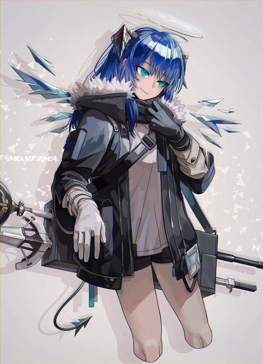 1girl absurdres arknights asymmetrical_gloves black_gloves black_jacket black_shorts blue_eyes blue_hair character_name cowboy_shot cropped_legs crystal_wings demon_horns demon_tail detached_wings fur-trimmed_jacket fur_trim gloves grey_background halo hand_up head_tilt highres horns jacket layered_sleeves long_hair long_sleeves matsuba_(mtbsbr721) mismatched_gloves mostima_(arknights) open_clothes open_jacket shirt short_shorts shorts simple_background smile solo tail white_gloves white_shirt wings