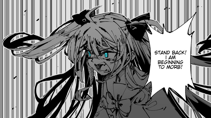 1girl ahoge angry badge blue_eyes bow bowtie button_badge cardigan chinese_commentary emphasis_lines english_commentary english_text fang floating_hair furious glaring glowing glowing_eyes highres indie_virtual_youtuber it's_morbin'_time_(meme) long_hair meme mixed-language_commentary monochrome neuro-sama open_mouth rune_(dualhart) school_uniform serafuku shouting solo spot_color two_side_up v-shaped_eyebrows virtual_youtuber