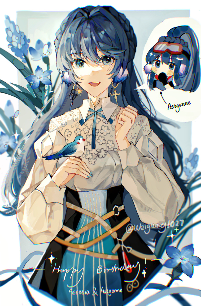 2girls absurdres arknights astesia_(arknights) astgenne_(arknights) bird bird_on_hand blue_eyes blue_hair blue_nails blue_ribbon character_name dress earrings flower flower_request goggles goggles_on_head hand_on_own_face happy_birthday highres jewelry layered_dress lofter_username long_hair looking_at_viewer multiple_girls nail_polish open_mouth ponytail ribbon shirt signature skirt smile teeth upper_teeth_only weiguang651 white_shirt