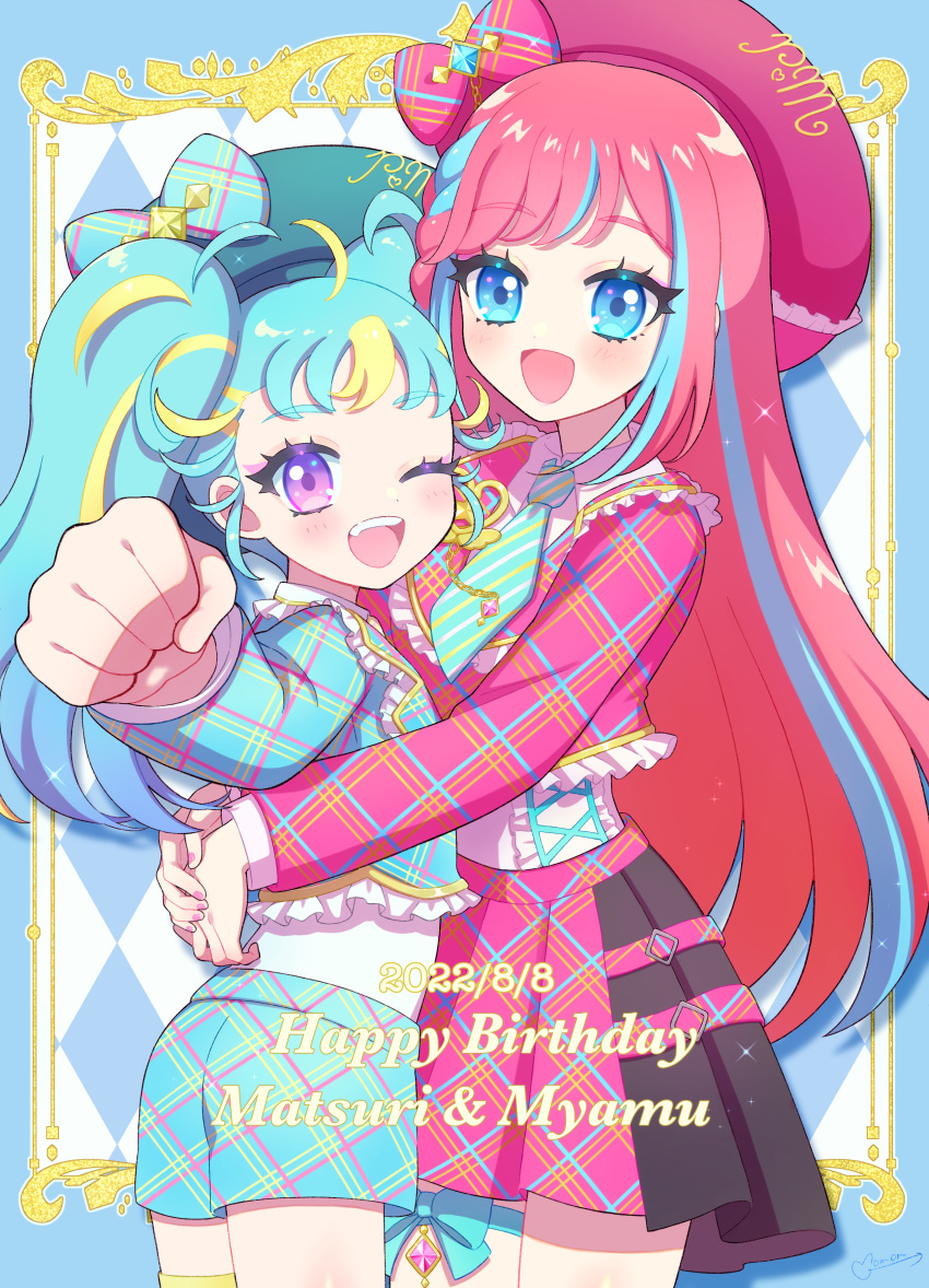 2girls :d ;d absurdres ahoge beret blonde_hair blue_eyes blue_hair blue_jacket blue_necktie blue_shorts blush bow braid clenched_hand commentary_request cowboy_shot foreshortening frilled_jacket frills happy_birthday hat hat_bow hibino_matsuri hibino_matsuri_(primagista) highres hug idol_clothes jacket long_hair long_sleeves looking_at_viewer momokan_(mmkn100) multicolored_hair multiple_girls myamu necktie one_eye_closed open_mouth pink_hair pink_headwear pink_jacket pink_skirt plaid plaid_bow plaid_jacket plaid_shorts plaid_skirt pleated_skirt pretty_(series) red_bow shirt shorts side_braid skirt smile standing streaked_hair striped_necktie twintails very_long_hair violet_eyes waccha_primagi! white_shirt