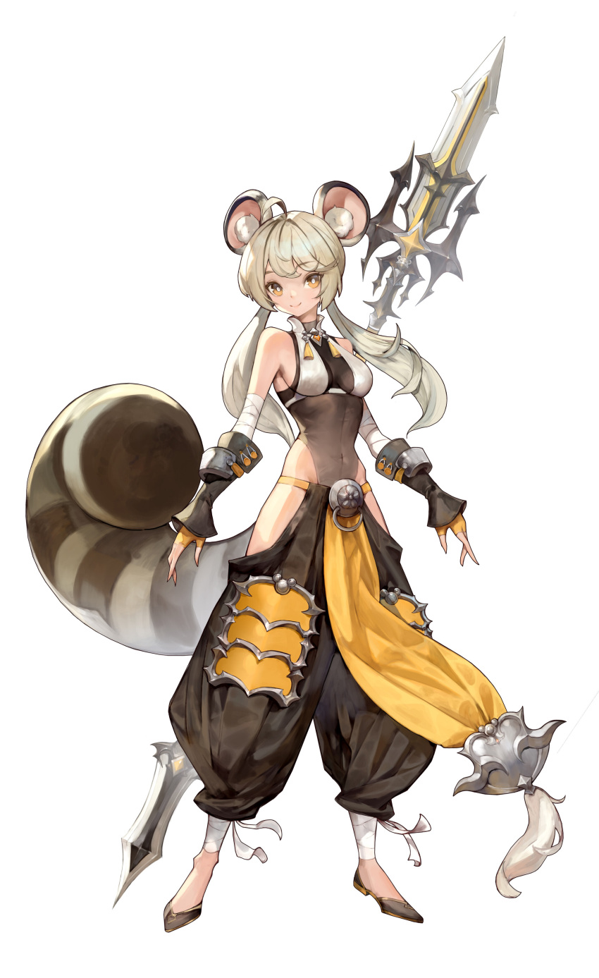 1girl absurdres animal_ears dory_kim highres how_to huge_weapon sword tail weapon white_background yellow_eyes