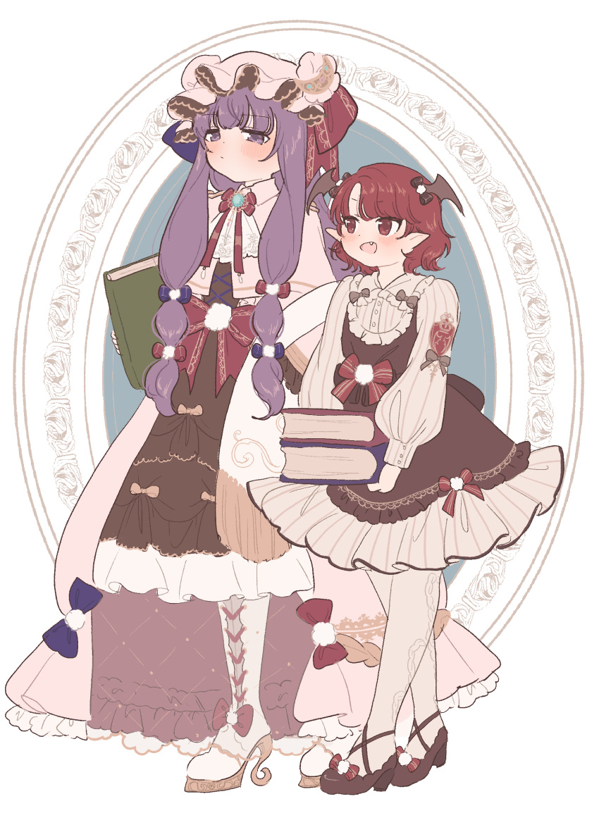 2girls absurdres adapted_costume black_dress black_footwear black_wings blue_bow blush book bow closed_mouth crescent crescent_hat_ornament demon_wings dress fang frilled_sleeves frills full_body hair_bow hat hat_ornament head_wings high_heels highres holding holding_book koakuma long_hair long_sleeves mob_cap multiple_girls open_mouth pantyhose patchouli_knowledge pointy_ears purple_hair red_bow red_eyes redhead sakurasaka shirt short_hair smile touhou violet_eyes white_headwear white_pantyhose white_shirt wings