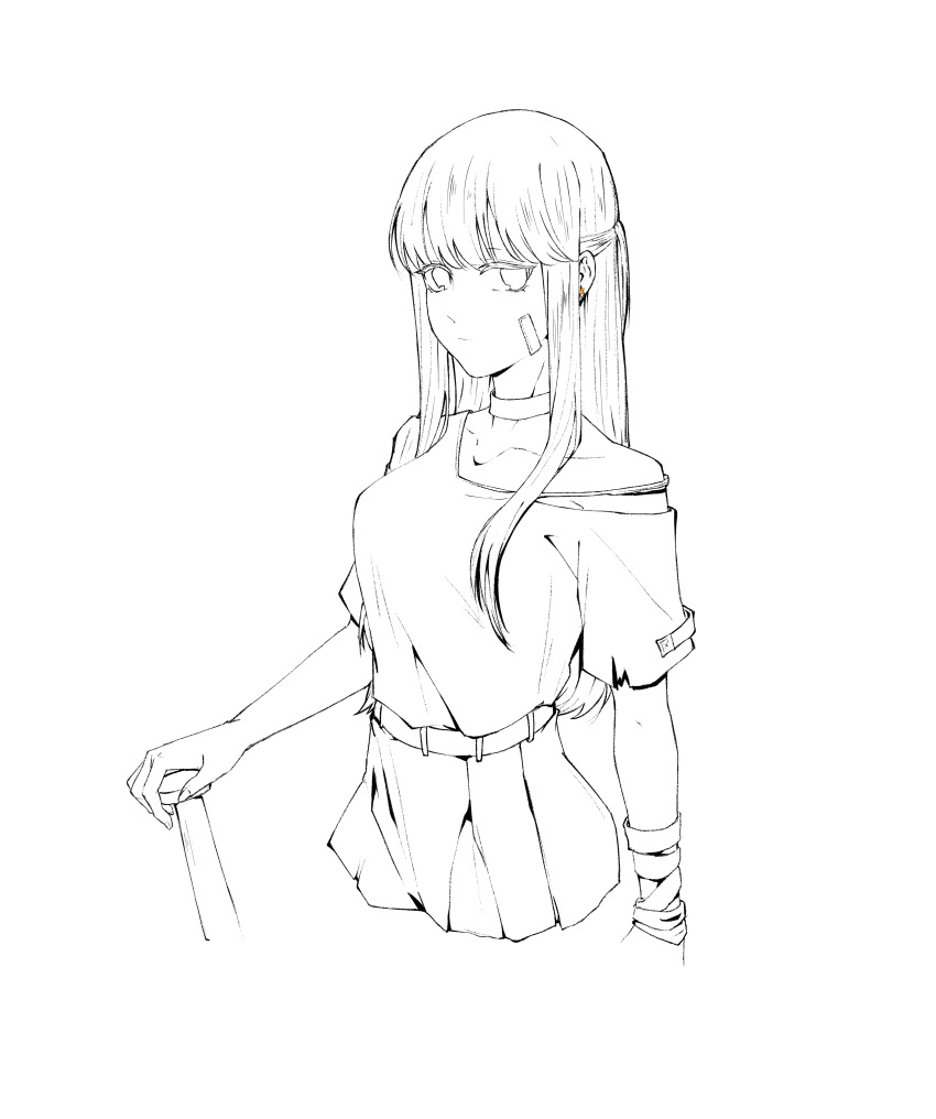 1girl absurdres bandaid bandaid_on_face belt chinese_commentary choker closed_mouth collarbone commentary_request cowboy_shot cropped_legs earrings greyscale half_updo haoxiangkan_nutong highres jewelry kyou_wa_kanojo_ga_inai_kara lineart long_hair looking_at_viewer monochrome pleated_skirt short_sleeves sidelocks simple_background single_bare_shoulder single_off_shoulder skirt solo spot_color star_(symbol) star_earrings taki_fuuko