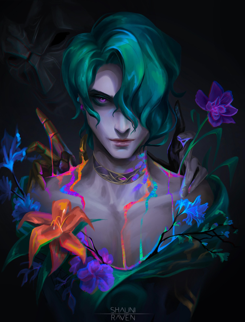 2boys absurdres artist_name closed_mouth collarbone earrings flower gradient_background green_hair hair_over_one_eye hand_on_another's_shoulder highres hwei_(league_of_legends) jewelry jhin league_of_legends looking_at_viewer mask multiple_boys orange_flower purple_flower shauniraven simple_background solo_focus upper_body violet_eyes
