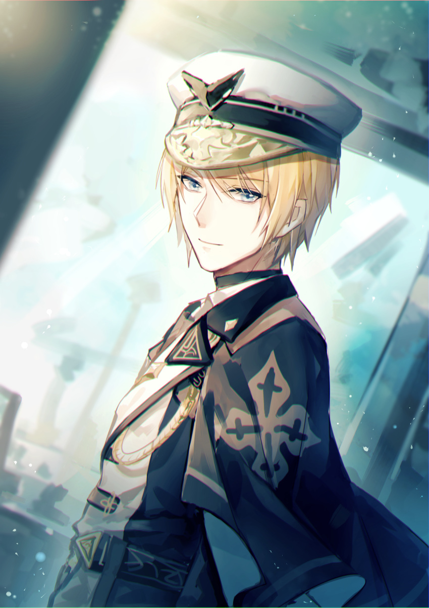 1boy absurdres aiguillette black_cape black_jacket blonde_hair blue_eyes cape chinese_commentary chrome:_glory_(honor_model)_(punishing:_gray_raven) chrome_(punishing:_gray_raven) commentary dutch_angle from_side happy_birthday hat highres jacket kepi lapels looking_at_viewer looking_to_the_side male_focus military_hat military_uniform multicolored_clothes multicolored_jacket notched_lapels official_alternate_costume print_cape punishing:_gray_raven short_hair side_cape solo two-tone_jacket uniform upper_body white_jacket xianzhou_(anxue260)