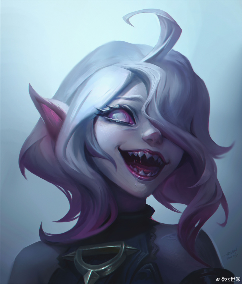 1girl absurdres ahoge artist_name briar_(league_of_legends) colored_sclera colored_skin gradient_background grey_skin hair_over_one_eye highres league_of_legends medium_hair multicolored_hair open_mouth pink_hair pointy_ears portrait red_sclera saliva sidelocks signature simple_background smile solo streaked_hair two-tone_hair vampire white_eyes white_hair zs_hiyuan