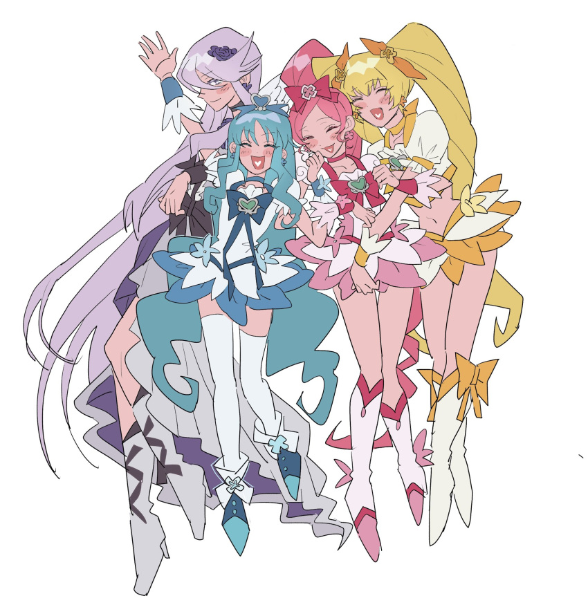 4girls blonde_hair blue_hair blush boots brooch choker closed_eyes closed_mouth commentary_request cure_blossom cure_marine cure_moonlight cure_sunshine dress earrings flower frilled_skirt frills hair_flower hair_ornament hair_ribbon heart heart_brooch heart_in_mouth heartcatch_precure! highres jewelry light_smile long_hair midriff multiple_girls navel open_mouth pink_hair precure purple_hair ribbon ribbon_choker simple_background skirt smile thigh-highs twintails very_long_hair w6kyh wrist_ribbon