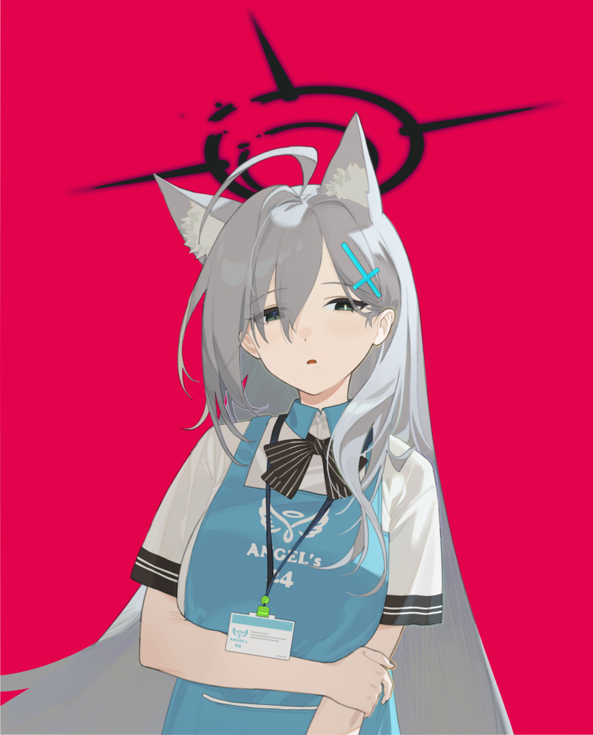 1girl :o absurdres ahoge alternate_costume angel's_24_uniform_(blue_archive) animal_ear_fluff animal_ears apron black_bow black_bowtie blue_apron blue_archive bow bowtie breasts eggplus extra_ears grey_hair halo highres lanyard looking_at_viewer medium_breasts mismatched_pupils red_background shiroko_(blue_archive) shiroko_terror_(blue_archive) short_sleeves simple_background solo striped striped_bow striped_bowtie upper_body wolf_ears