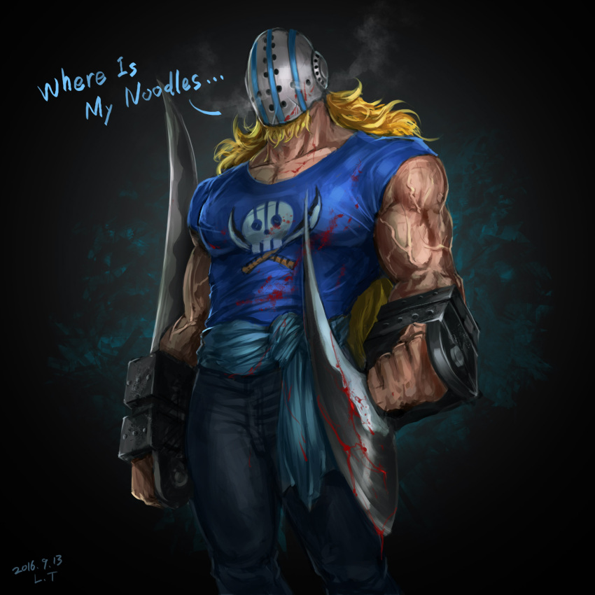 ... 1boy blonde_hair blood blood_on_clothes blood_on_weapon blue_shirt chinese_commentary commentary_request dated english_commentary english_text facial_hair facial_hair_through_mask goatee highres hockey_mask holding holding_weapon killer_(one_piece) long_hair male_focus mask mixed-language_commentary muscular muscular_male one_piece peiluona_dejumimi shirt short_sleeves signature skull solo weapon