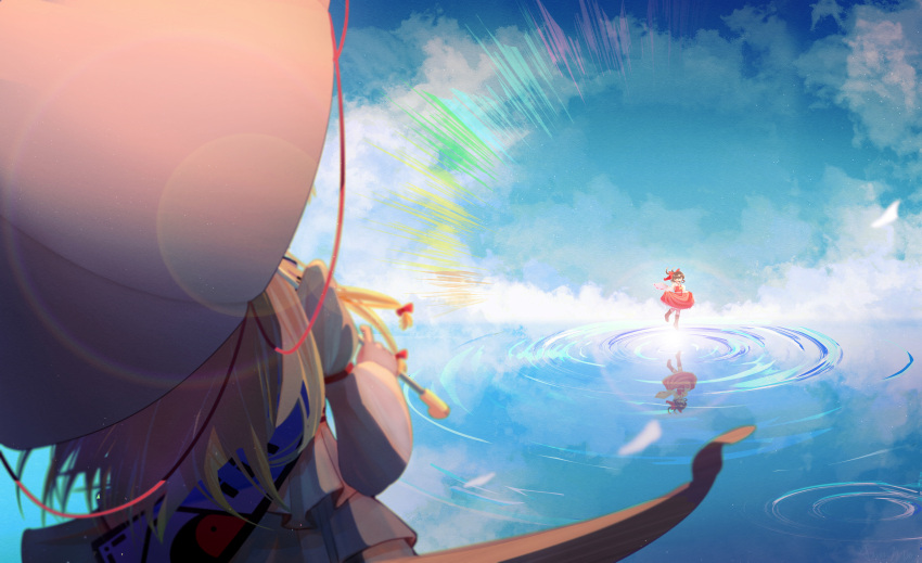 2girls absurdres asher_(114514) black_footwear blonde_hair boots bow brown_hair chinese_commentary clouds commentary_request day detached_sleeves dress emphasis_lines floating_hair hair_tubes hakurei_reimu hat hat_bow highres holding holding_umbrella lens_flare long_hair long_sleeves multiple_girls parasol purple_tabard red_bow red_skirt red_vest reflection ribbon-trimmed_sleeves ribbon_trim ripples skirt skirt_hold skirt_set sky tabard touhou umbrella very_long_hair vest water white_dress white_sleeves yakumo_yukari