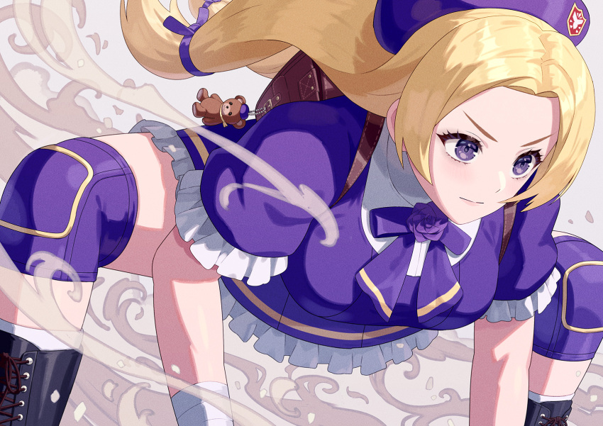 1girl backpack bag black_footwear blonde_hair boots breasts closed_mouth commentary cross-laced_footwear dress frills hair_ribbon highres knee_boots knee_pads kneehighs lace-up_boots long_hair low_twintails medium_breasts puffy_short_sleeves puffy_sleeves purple_dress purple_ribbon ribbon serious shijou_hinako short_sleeves smoke socks solo squatting stuffed_animal stuffed_toy teddy_bear the_king_of_fighters twintails violet_eyes white_socks yagi2013