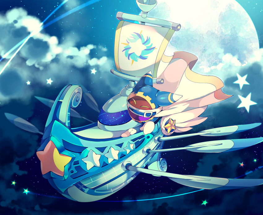 ^_^ animal_ears belt belt_buckle belt_collar blue_belt blue_hood boat buckle cape cape_lift closed_eyes clouds collar commentary_request covered_mouth disembodied_limb flying full_moon gear_print gloves highres kirby_(series) light_blush lor_starcutter magolor mast moon no_humans oar sailboat scarf shirushiki sky spacecraft star_(sky) star_(symbol) starry_sky watercraft white_cape white_gloves white_scarf