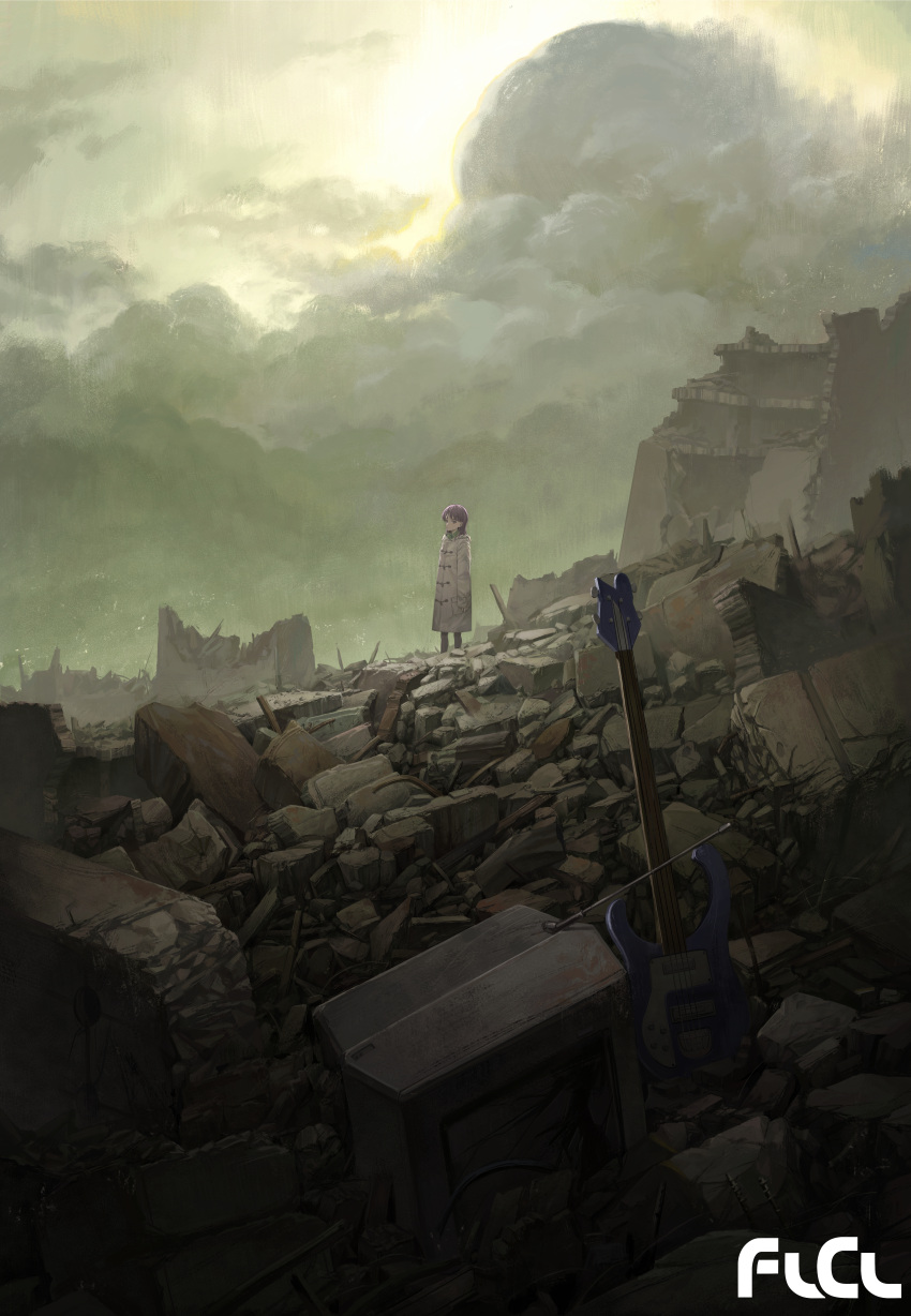1girl abandoned absurdres bass_guitar clouds cloudy_sky coat commentary copyright_name flcl green_scarf highres instrument looking_at_viewer ninamori_eri outdoors purple_hair rubble scarf sky solo subfiction television violet_eyes white_coat wide_shot