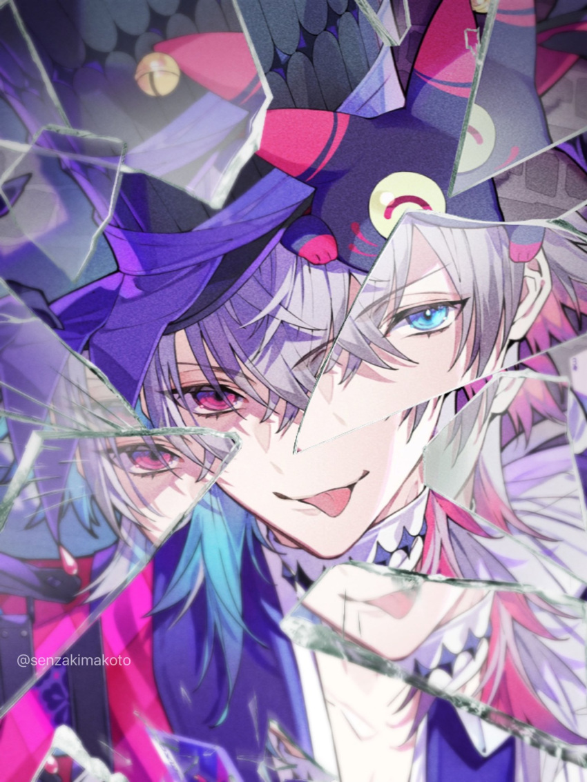 1boy app_filter artist_name bishounen black_gloves blue_eyes blue_hair broken_glass card character_name close-up collarbone english_commentary english_text gavis_bettel glass gloves gradient_hair grey_hair hair_between_eyes hat heterochromia highres holostars holostars_english looking_at_viewer male_focus multicolored_clothes multicolored_hair phantom_(gavis_bettel) pink_eyes pink_hair portrait senzaki_makoto smile solo tongue tongue_out top_hat twitter_username virtual_youtuber