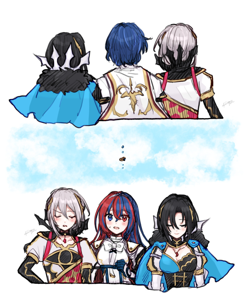2boys 2girls absurdres alear_(female)_(fire_emblem) alear_(fire_emblem) alear_(male)_(fire_emblem) black_hair blue_eyes blue_hair blush cape capelet cleavage_cutout closed_eyes closed_mouth clothing_cutout fire_emblem fire_emblem_engage fur_trim gloves heterochromia highres jewelry long_hair long_sleeves misato_hao multicolored_hair multiple_boys multiple_girls necklace nel_(fire_emblem) nil_(fire_emblem) open_mouth rafal_(fire_emblem) red_eyes redhead ribbon short_hair two-tone_hair white_hair