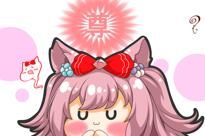 1girl :3 agnes_digital_(umamusume) animal_ears blush_stickers bow chibi closed_eyes closed_mouth facing_viewer hair_bow hands_up highres horse_ears kurukurumagical pink_hair red_bow simple_background solo translation_request two_side_up u_u umamusume white_background