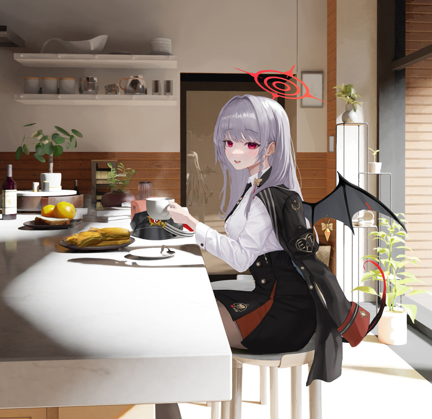 1girl black_necktie black_skirt black_wings blue_archive bow braid breakfast collared_shirt commentary cup demon_tail demon_wings from_side grey_hair hair_bow hair_intakes halo haruna_(blue_archive) hat high-waist_skirt highres holding holding_cup indoors jacket jacket_on_shoulders long_hair long_sleeves long_table looking_at_viewer necktie on_chair plant plate potted_plant red_eyes red_halo shirt single_braid single_wing sitting skirt solo sunj000 table tail unworn_hat unworn_headwear white_shirt wings yellow_bow