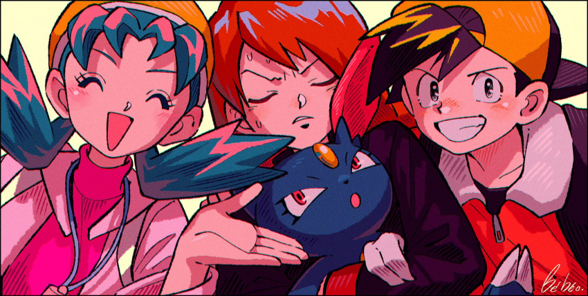 1girl 2boys :o backwards_hat blue_hair blush brown_hair claws closed_eyes commentary_request ethan_(pokemon) eyelashes grey_eyes hand_up hat highres holding holding_pokemon jacket kris_(pokemon) kwsby_124 multiple_boys open_mouth pokemon pokemon_(creature) pokemon_gsc ponytail redhead signature silver_(pokemon) sneasel sweatdrop sweater teeth turtleneck turtleneck_sweater